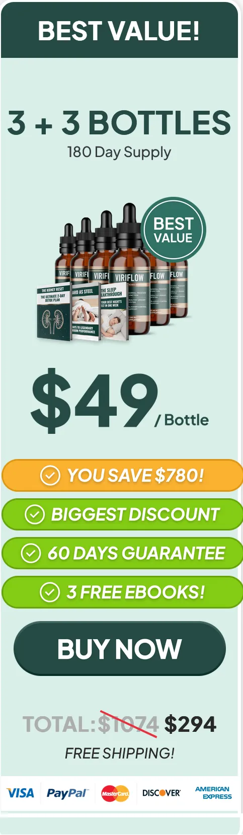 ViriFlow 6-bottle basic pack price discount with 180-day money-back guarantee.