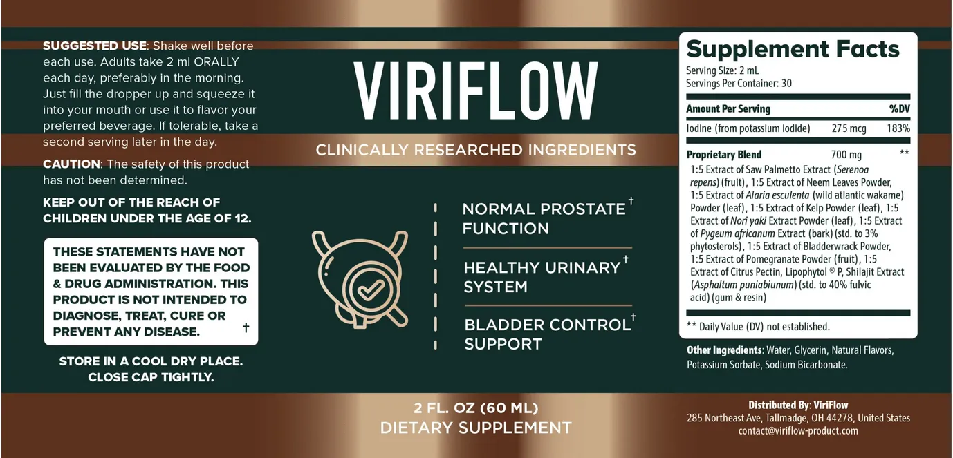 ViriFlow supplement label jisme prostate aur urinary health ke fayde aur ingredients list dikhayi gayi hai.